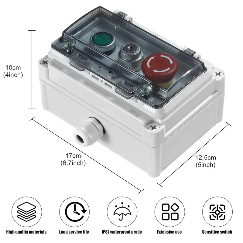 Manesi Push Button Station IP67 Outdoor Waterproof Button Switch Box Emergency Stop Button Switch,Key Button Switch and Green Instantaneous Button Switch with Protective Cover Anti-Misoperation Switch - Image 2